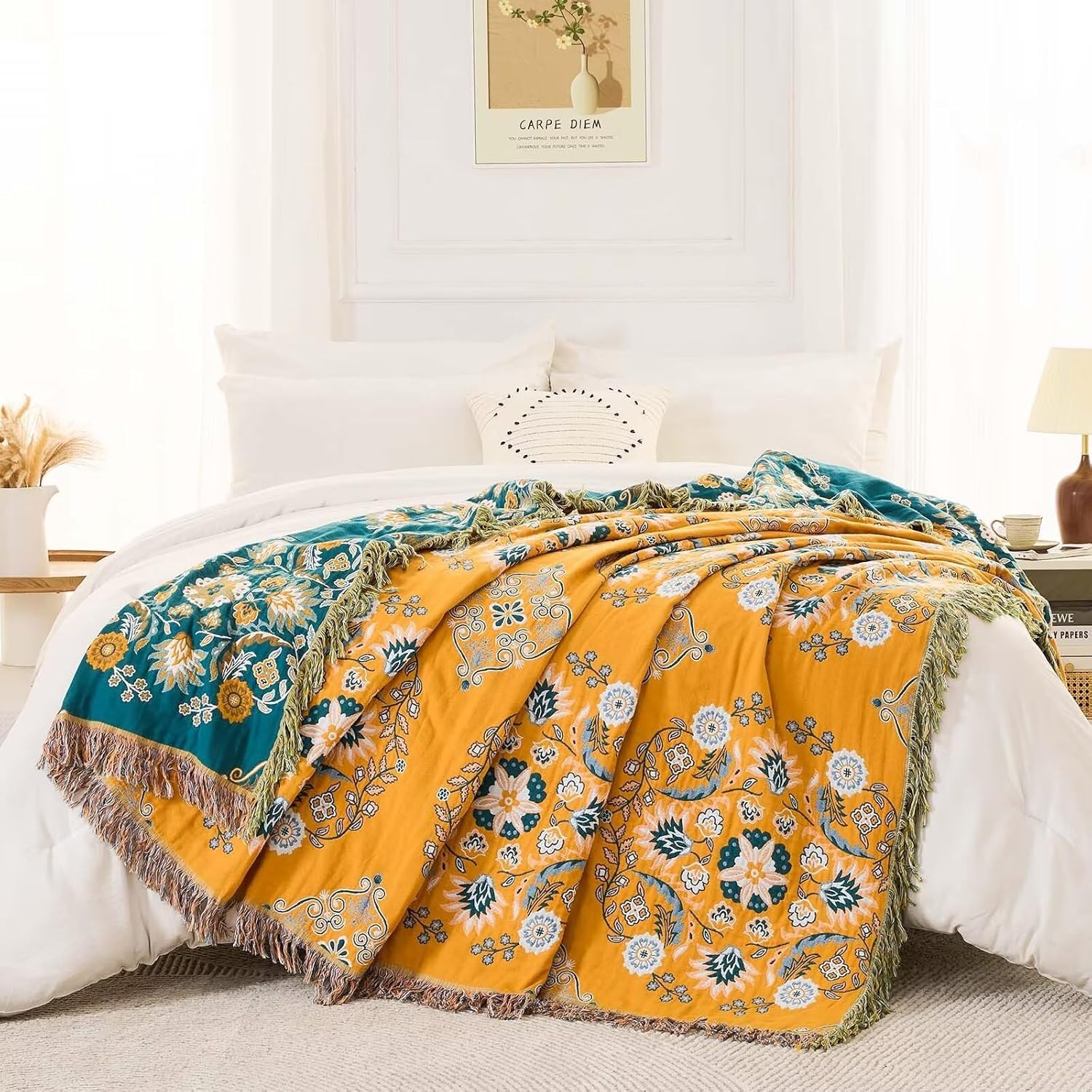 Boho Throw Blanket, 100% Cotton Ultra Soft Luxury Throw Rustic Quilt, Floral Printed Farmhouse