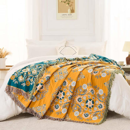 Boho Throw Blanket, 100% Cotton Ultra Soft Luxury Throw Rustic Quilt, Floral Printed Farmhouse