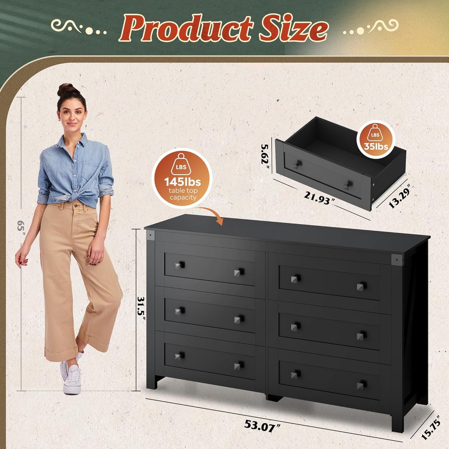 WLIVE Farmhouse Black Dresser for Bedroom, 53.07'' Wide 6 Drawer Wood Dresser, Chest of Drawers
