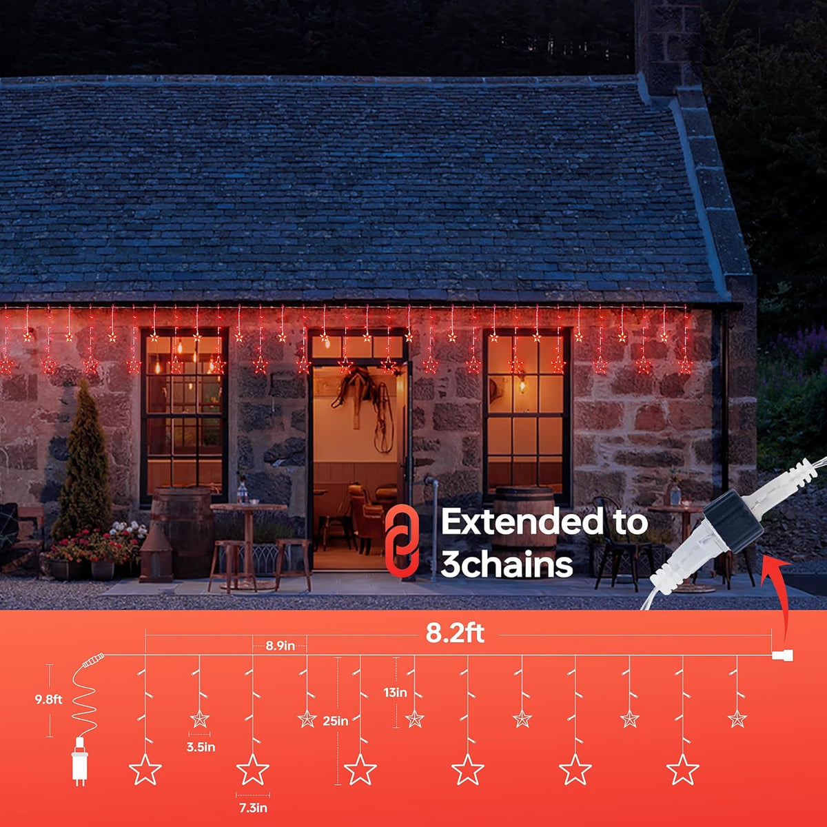 Red Christmas Star Icicle Lights,8.2FT 126LED Curtain String 8 Modes Memory Timer,Connectable Plug