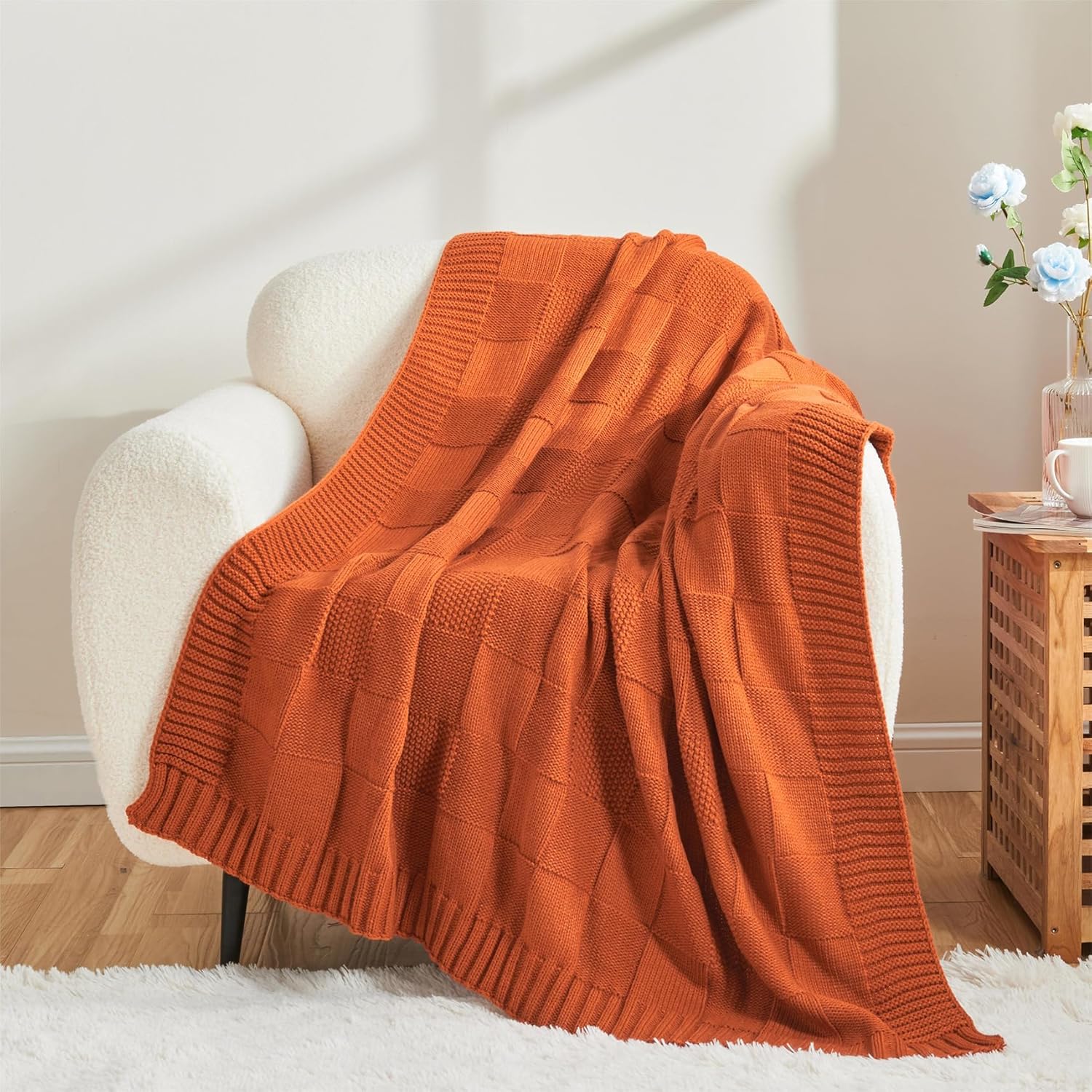CozeCube Check Knit Throw Blanket, Rust Orange Checkered Throw for Couch, Decorative Christmas Soft