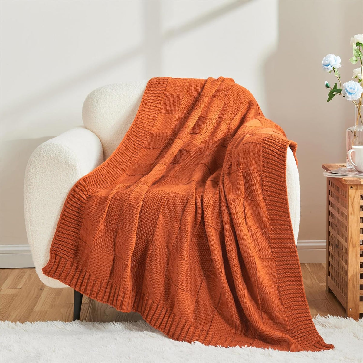 CozeCube Check Knit Throw Blanket, Rust Orange Checkered Throw for Couch, Decorative Christmas Soft