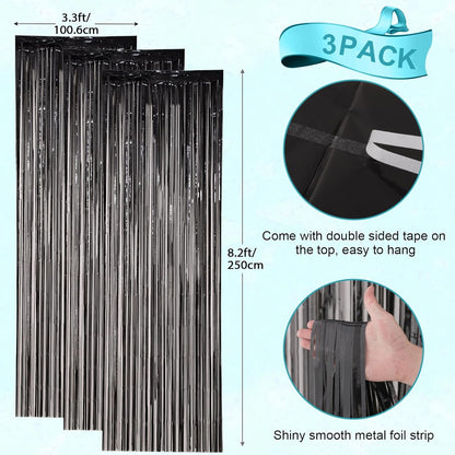 3 Pack 3.3x8.2 Feet Black Foil Fringe Backdrop Curtains, Tinsel Streamers Birthday Party