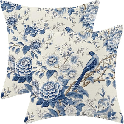 CXMEIFLY Spring Floral Pillow Covers 18 x 18 Inch Set of 2 for Chinoiserie Flowers Bird Decor Throw