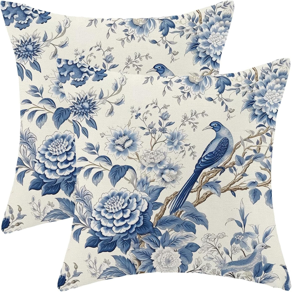 CXMEIFLY Spring Floral Pillow Covers 16 x 16 Inch Set of 2 for Chinoiserie Flowers Bird Decor Throw