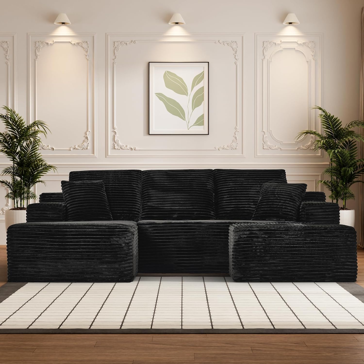 Modular Sectional Sofa Cloud Sectional Couch, 107" Comfy Fluffy U Shaped Black Couches for Living