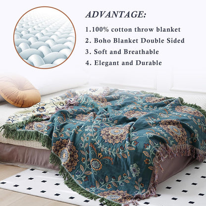 Snycler Boho Throw Blanket for Bed - 100% Cotton Ultra Soft Rustic Quilt - Blue Green Floral
