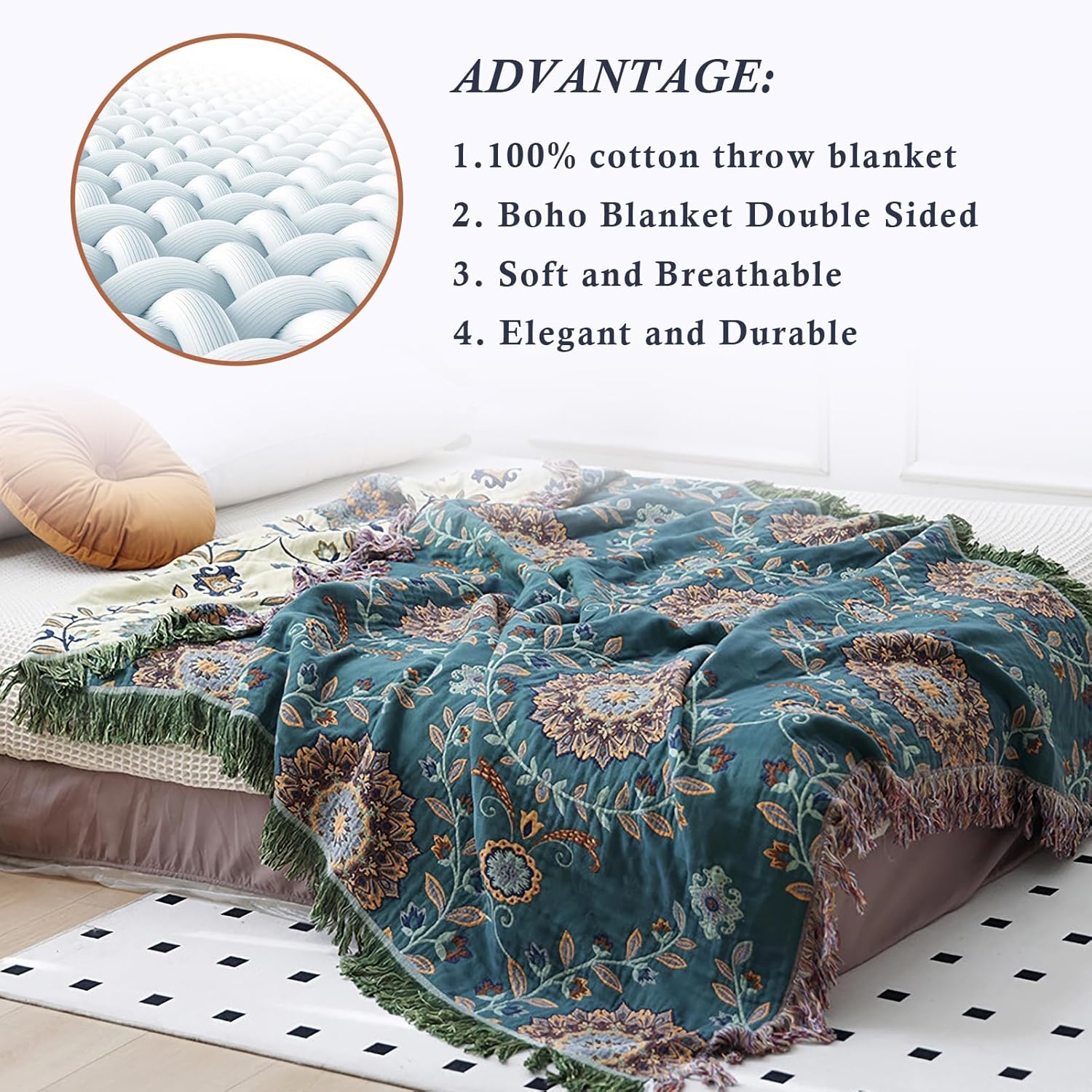 Snycler Boho Throw Blanket for Bed - 100% Cotton Ultra Soft Rustic Quilt - Blue Green Floral