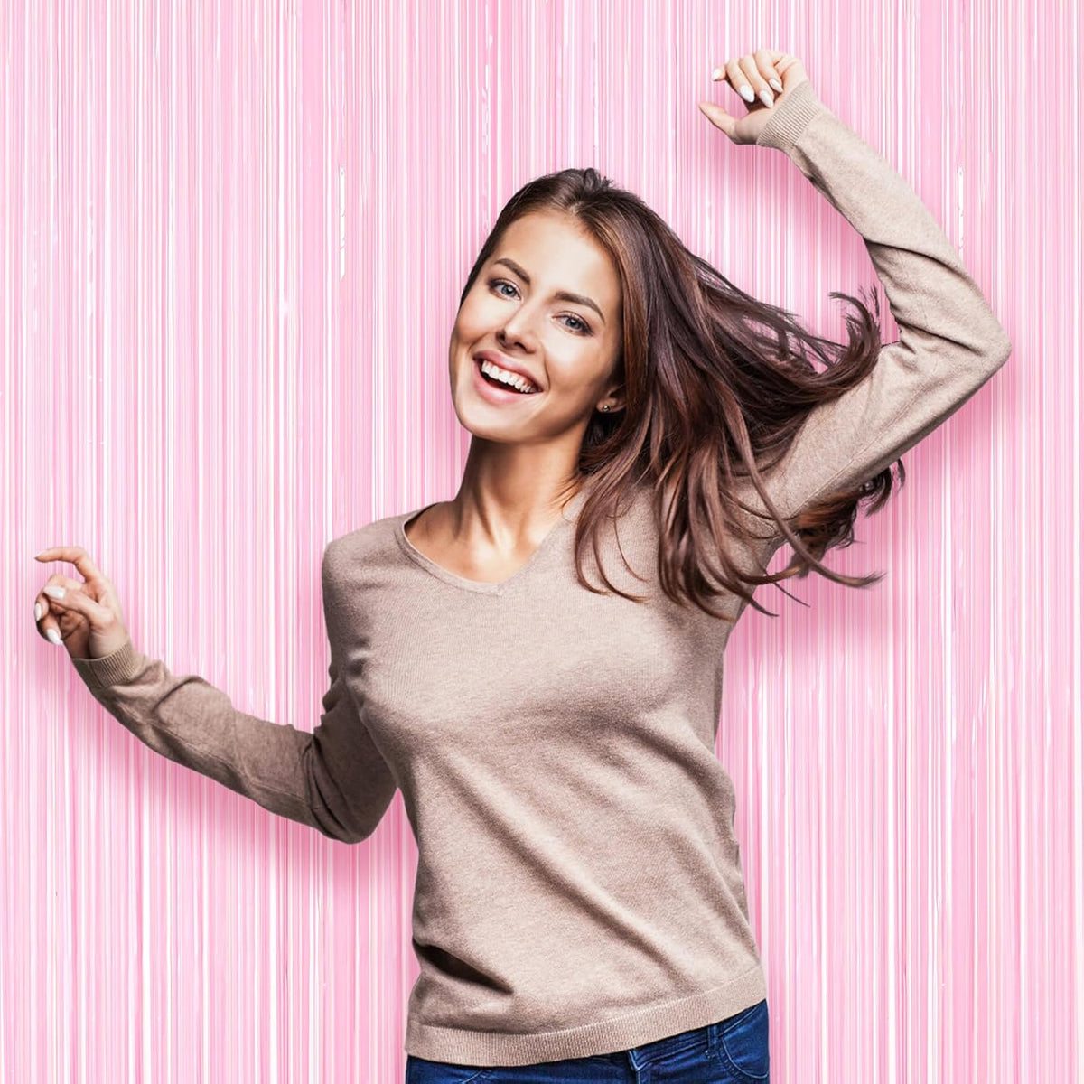 3 Pack 3.3 x 8.2 ft Pasel Pink Foil Fringe Backdrop Curtains, Tinsel Streamers Birthday Party