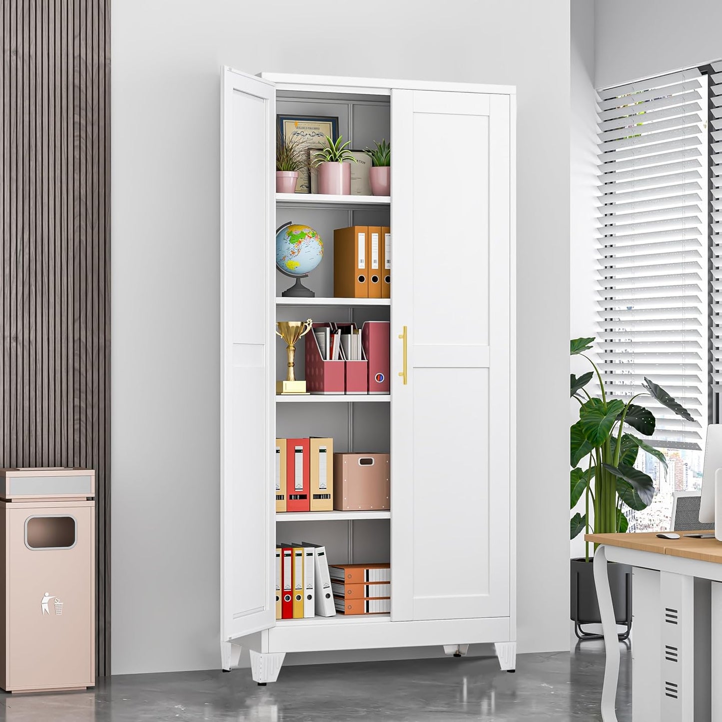 71" Tall Metal Storage Cabinet with 2 Doors and 4 Adjustable Shelves, Kitchen Pantry Cabinet White