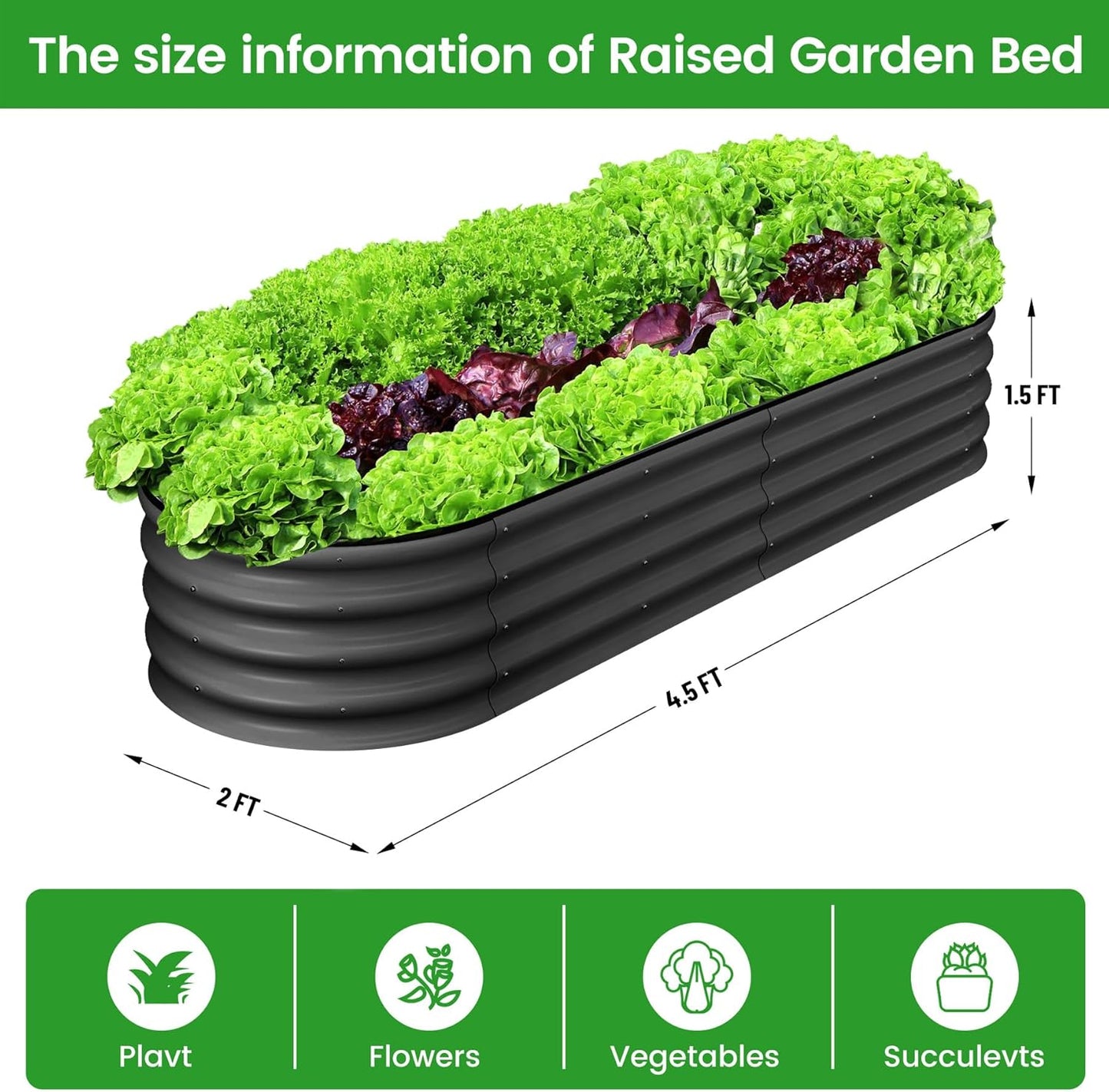 2 Pcs 4.5x2x1.5ft Oval Raised Garden Bed,Galvanized Raised Beds,Open-Ended Base Metal Raised