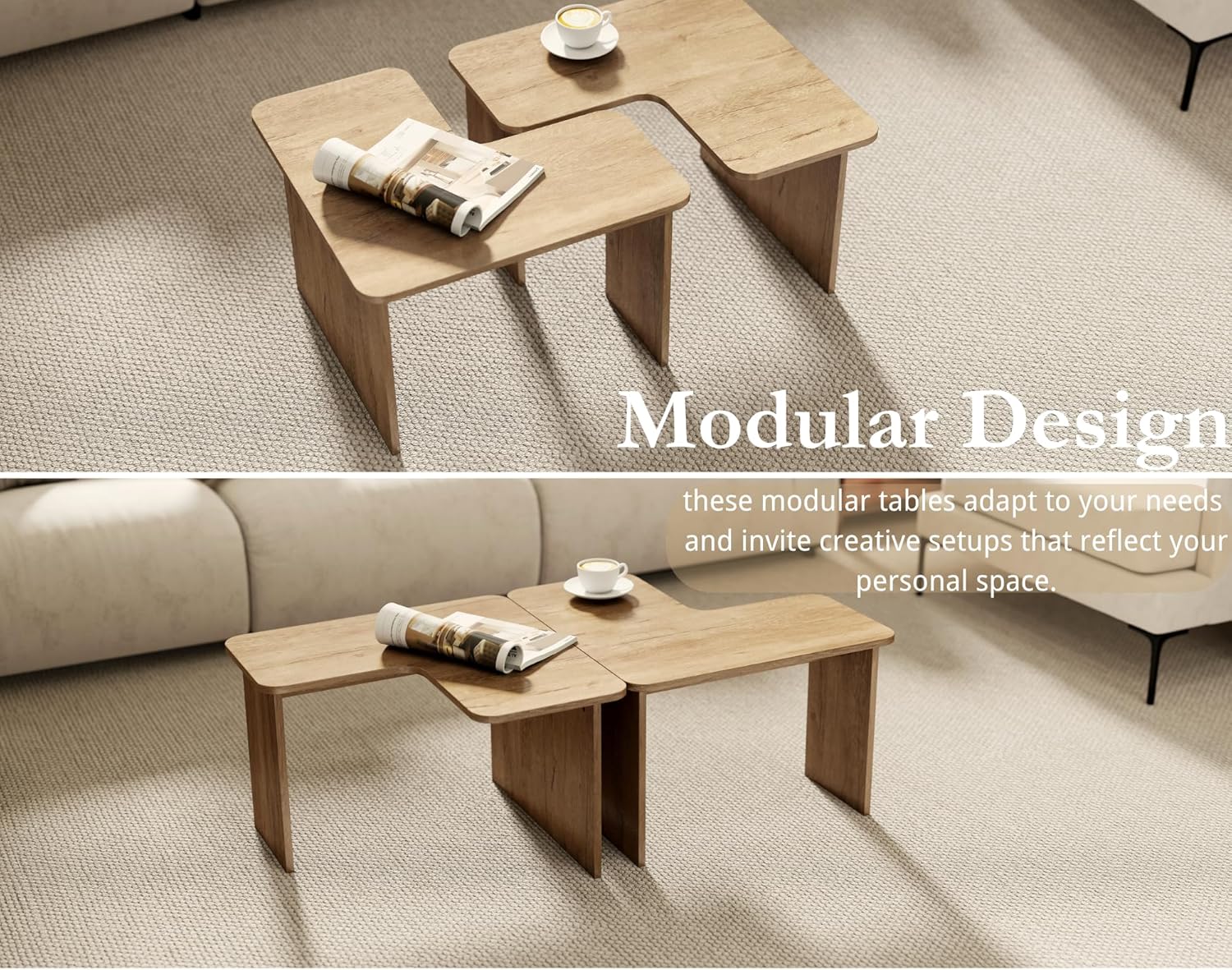 VESCASA Modern L Shaped Nesting Coffee Table Set of 2 Modular Rectangle Walnut Wood Table for