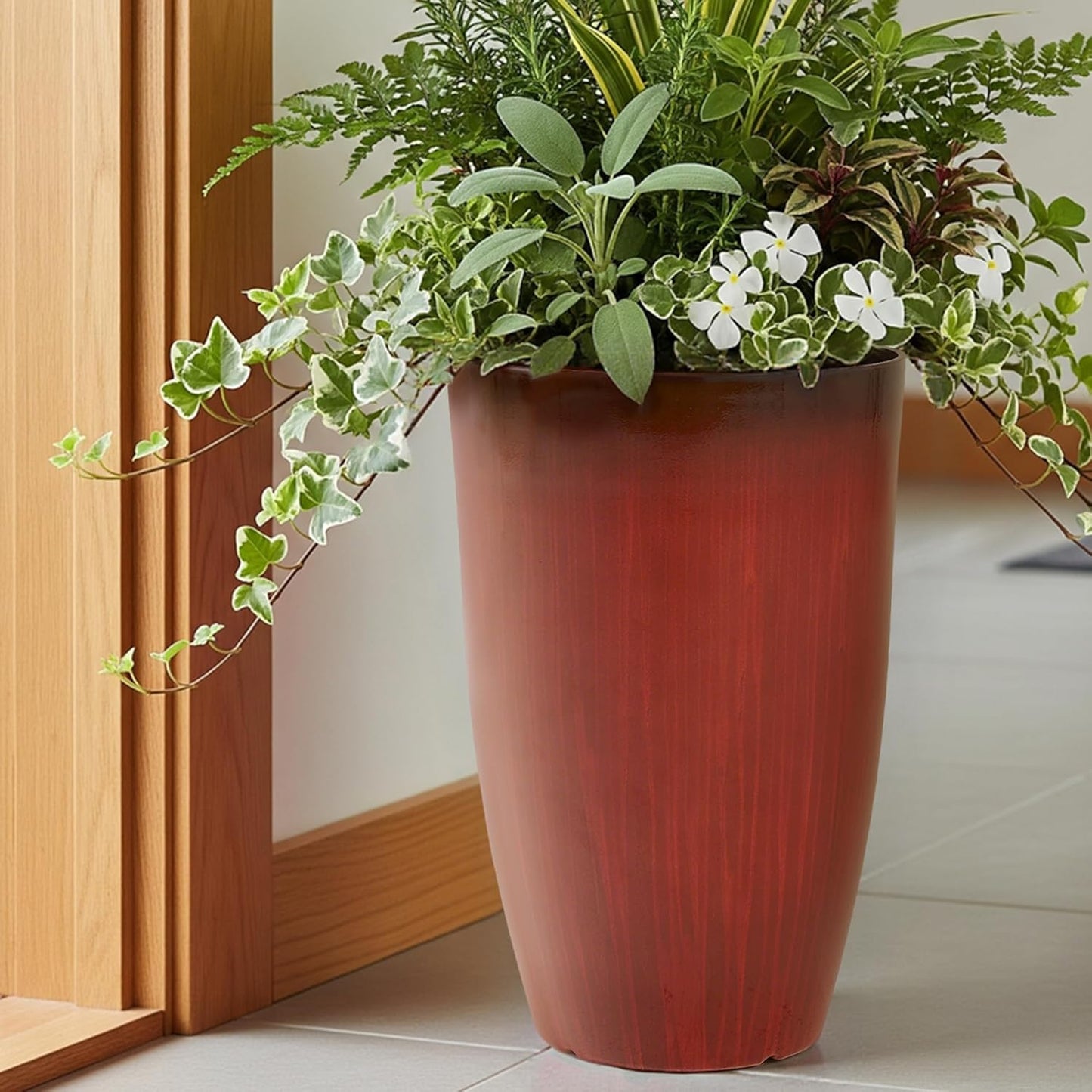 Worth Garden 20" H. Plastic Planters - Set of 2 Gradient Red Glossy Smooth Finish - Tall Plant Pots