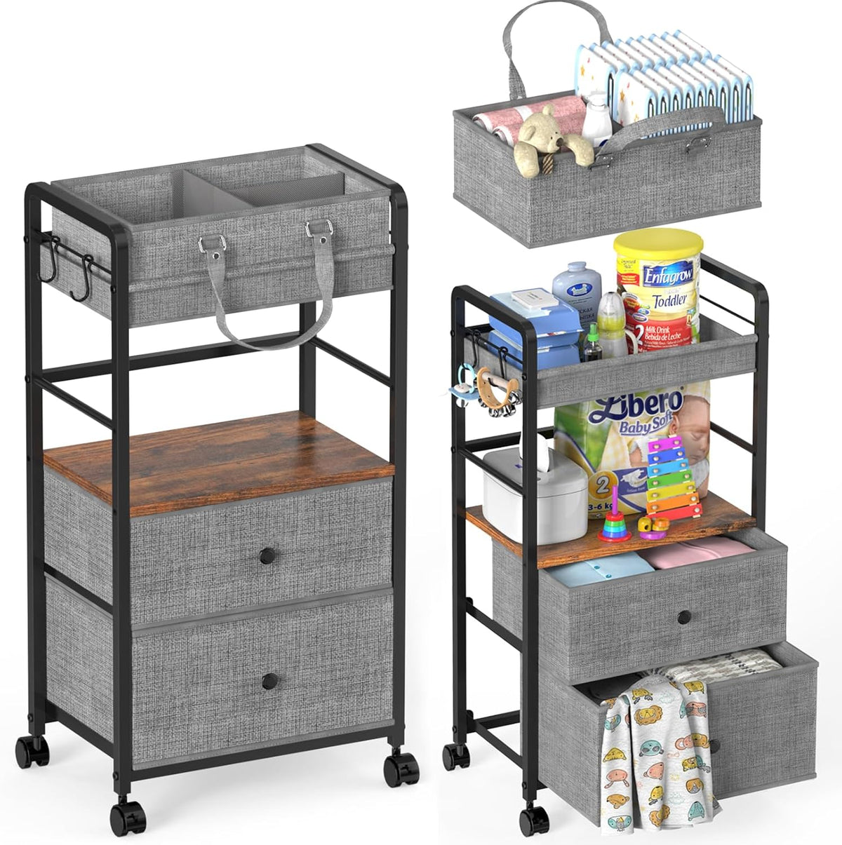 2IN1 Baby Diaper Caddy Organizer & 4-Tier Rolling Cart, Bedside Cart for Baby Essentials Nursery