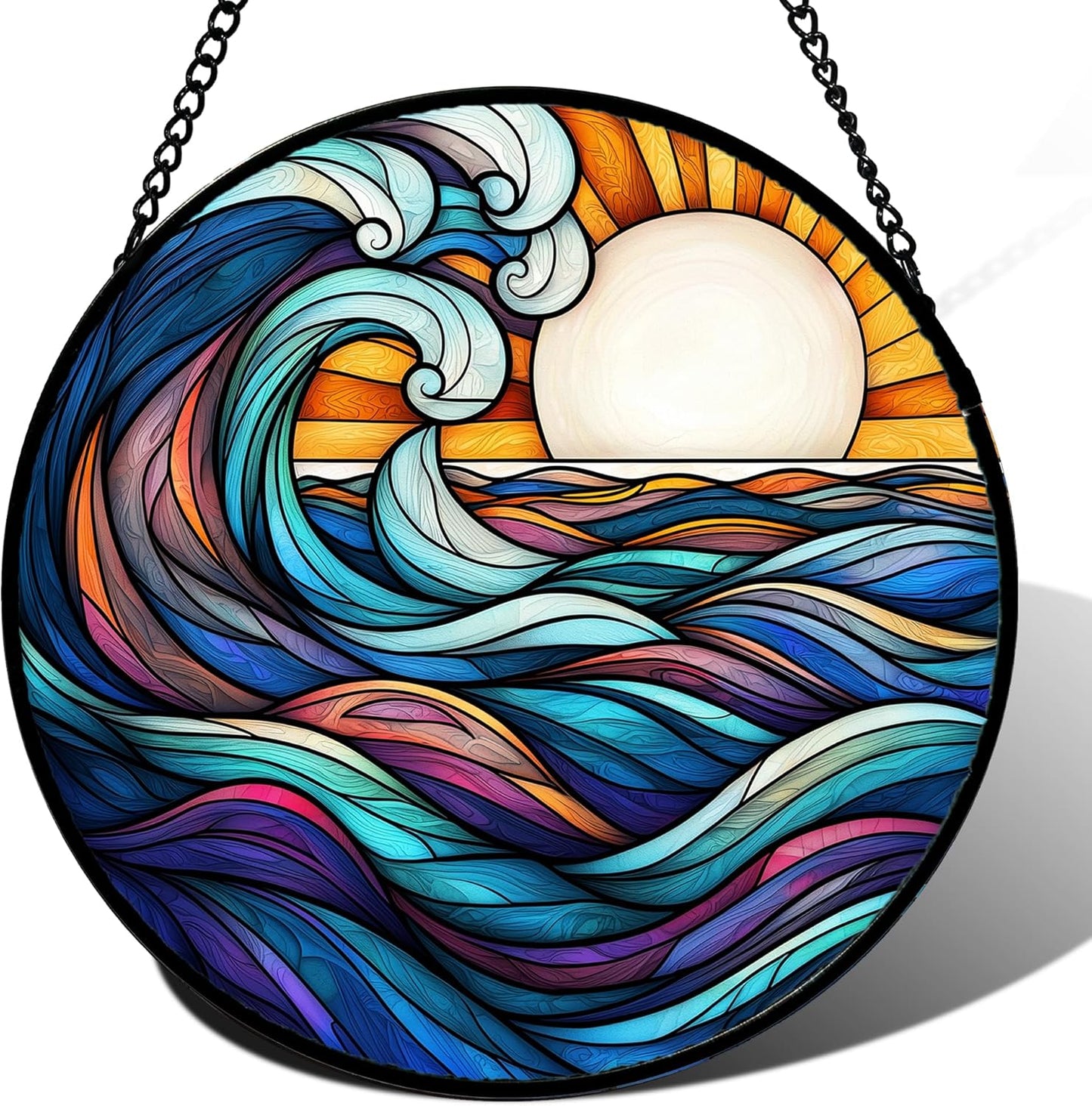 Stained Glass Window Hanging, Big Wave Sun Suncatcher Diamond Glass Panel Hangings Abstract Sun