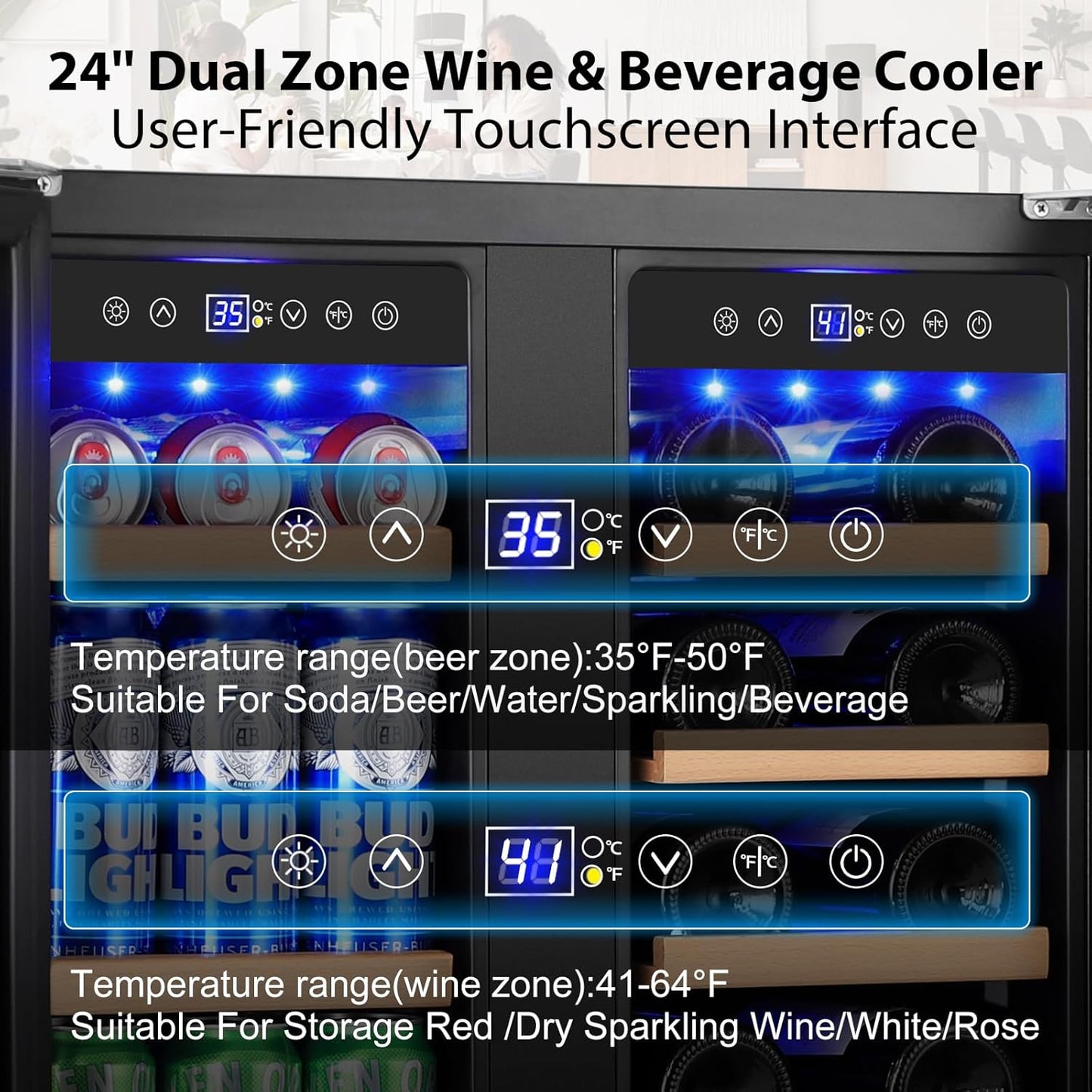 24 Inch Dual Zone Wine and Beverage Refrigerator, Built-in or Freestanding Cooler with French