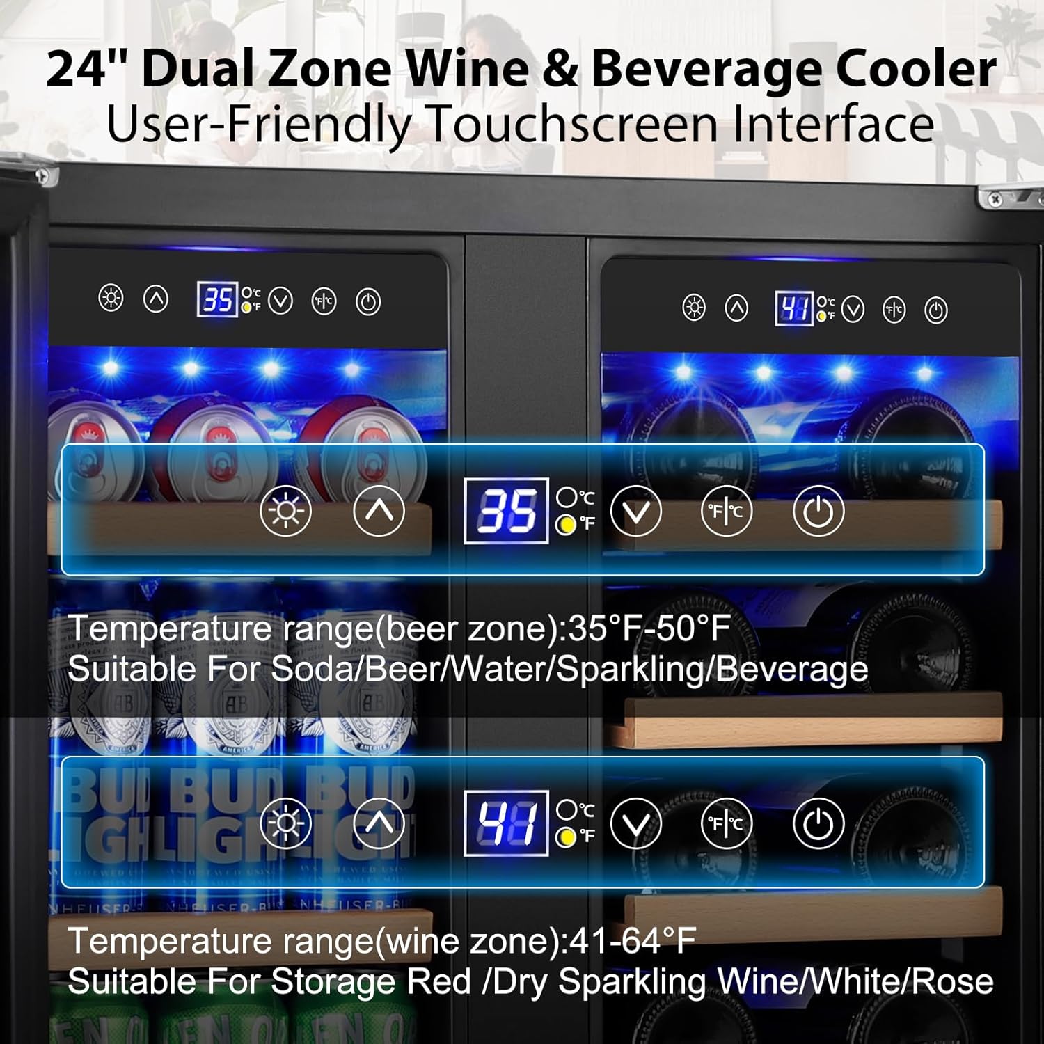 24 Inch Dual Zone Wine and Beverage Refrigerator, Built-in or Freestanding Cooler with French