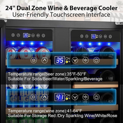 24 Inch Dual Zone Wine and Beverage Refrigerator, Built-in or Freestanding Cooler with French