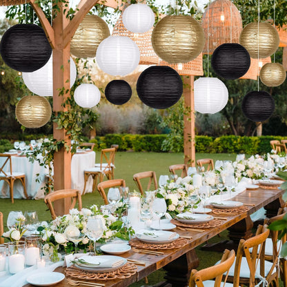 15pcs Paper Lanterns Black Gold Round Hanging Chinese Paper Lanterns 4" 6" 8" 10" 12" for