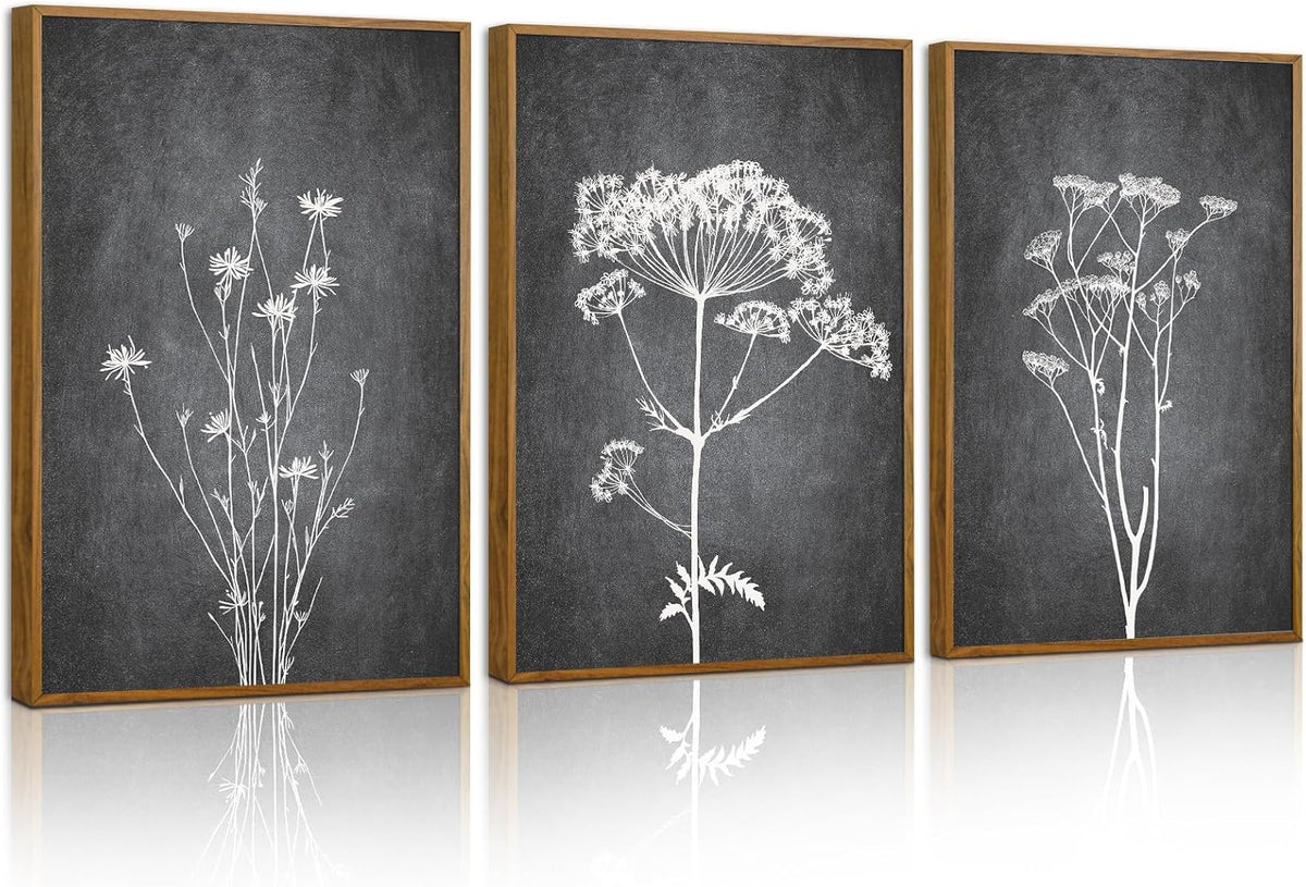 Tinonedraw Black and White Botanical Framed Canvas Wall Art Set, Vintage Floral Wall Decor, Dark