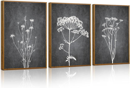 Tinonedraw Black and White Botanical Framed Canvas Wall Art Set, Vintage Floral Wall Decor, Dark