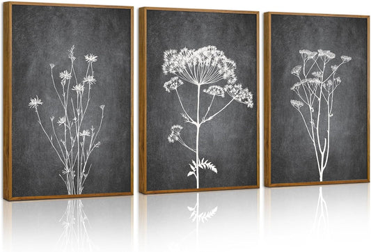 Tinonedraw Black and White Botanical Framed Canvas Wall Art Set, Vintage Floral Wall Decor, Dark