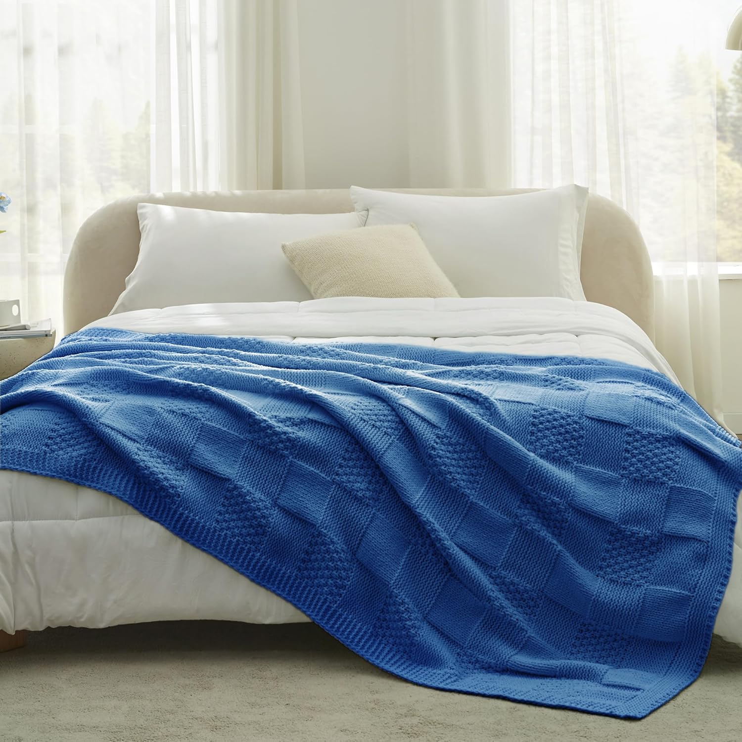 Amélie Home Chenille Knit Throw Blanket for Couch, Checkered Texture Decorative Soft Blanket for