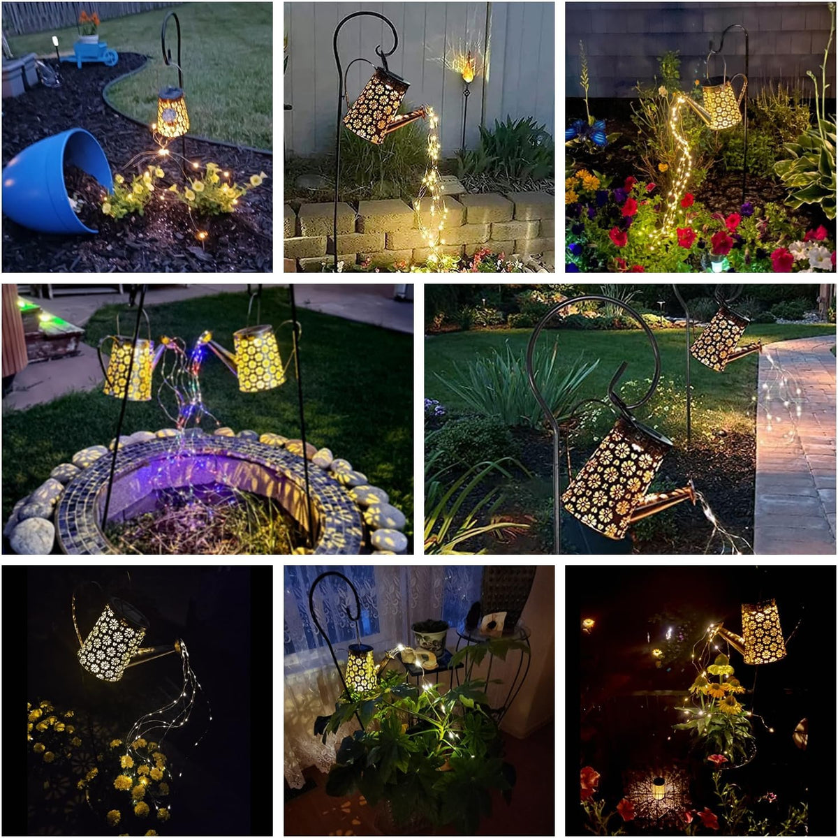 2 Pack Solar Watering Can Lights with Shepherd Hook, 8 Multi-Color Changing Modes, IP65 Waterproof
