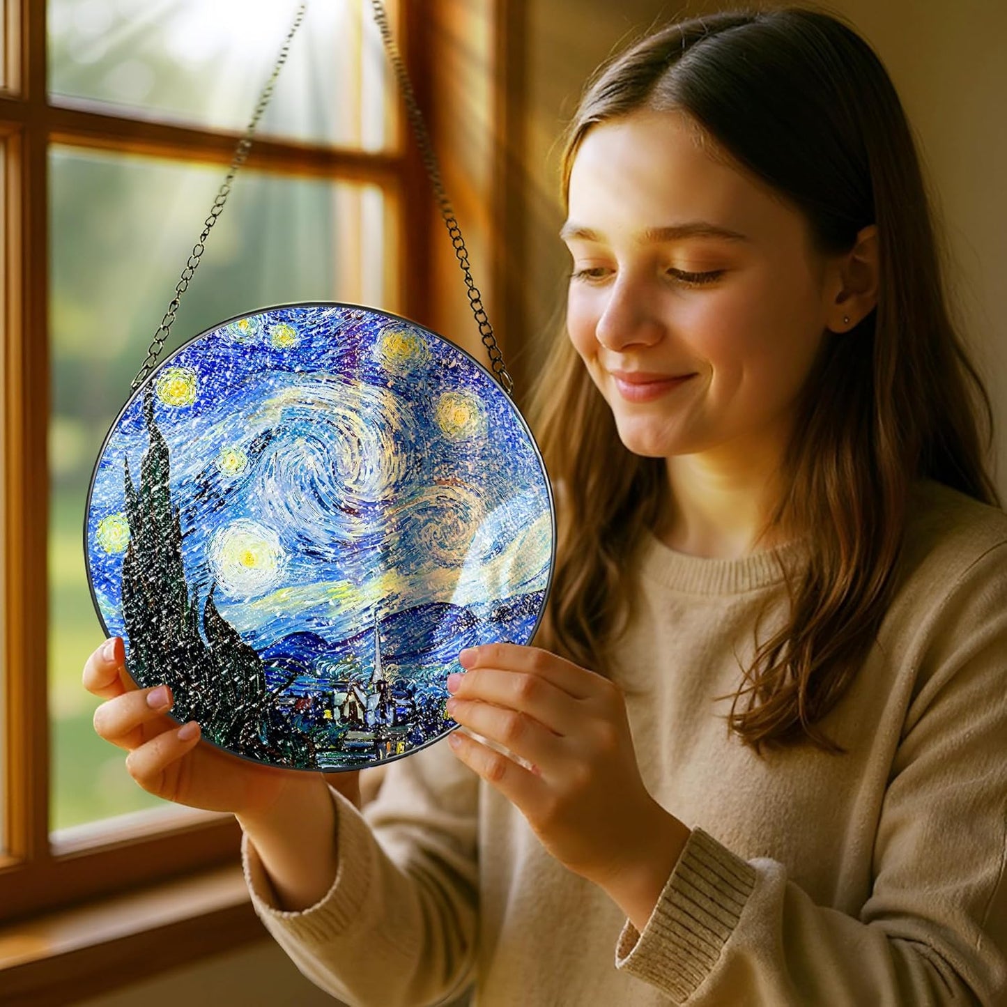 Stained Glass Window Hanging, Pauyadu Van Gogh Starry Night Sun Catchers, Stained Glass Suncatcher