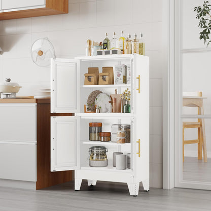 47.25" Metal Pantry Cabinet, Storage Cabinets with 4 Door and 2 Adjustable Shelves, White Bathroom