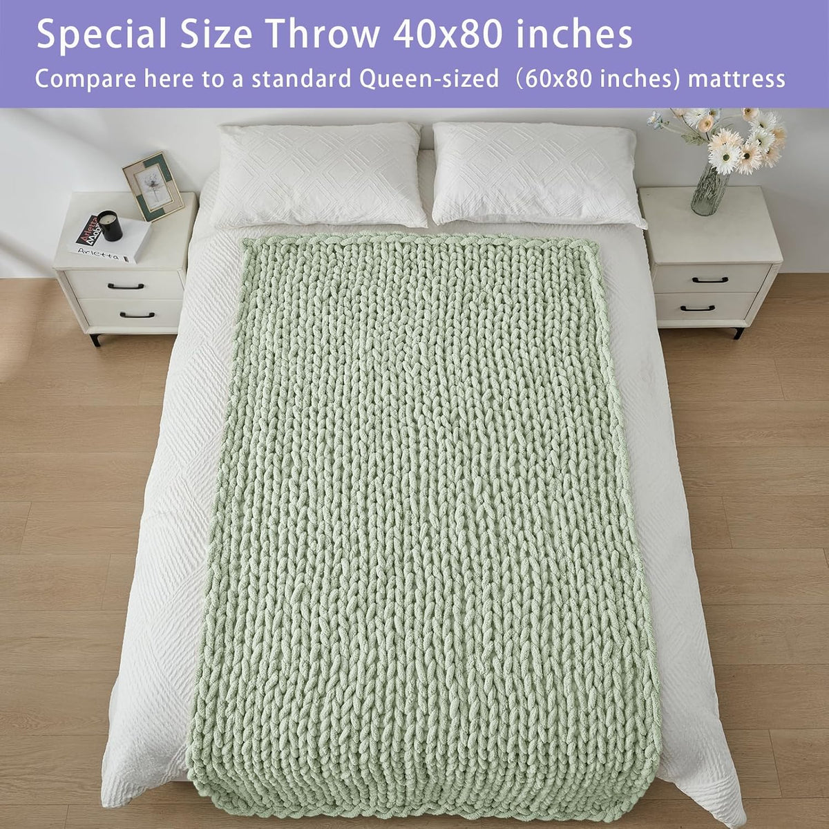 Bigacogo Chunky Knit Throw Blanket for Couch, 40x80 inches, 100% Hand Knitted with Thick Jumbo