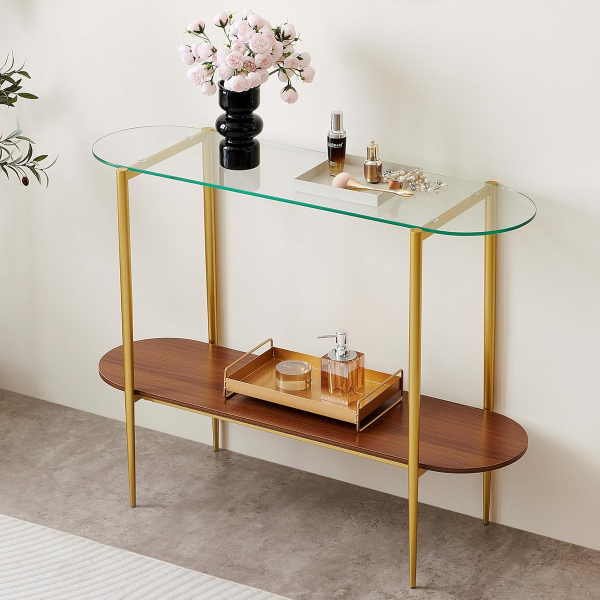 Oval Glass Console Table for Living Room, Foyer & Entrance, 2-Tiers Mid-Century Modern Sofa Table