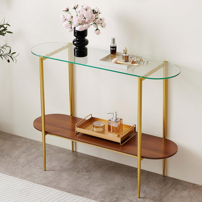 Oval Glass Console Table for Living Room, Foyer & Entrance, 2-Tiers Mid-Century Modern Sofa Table
