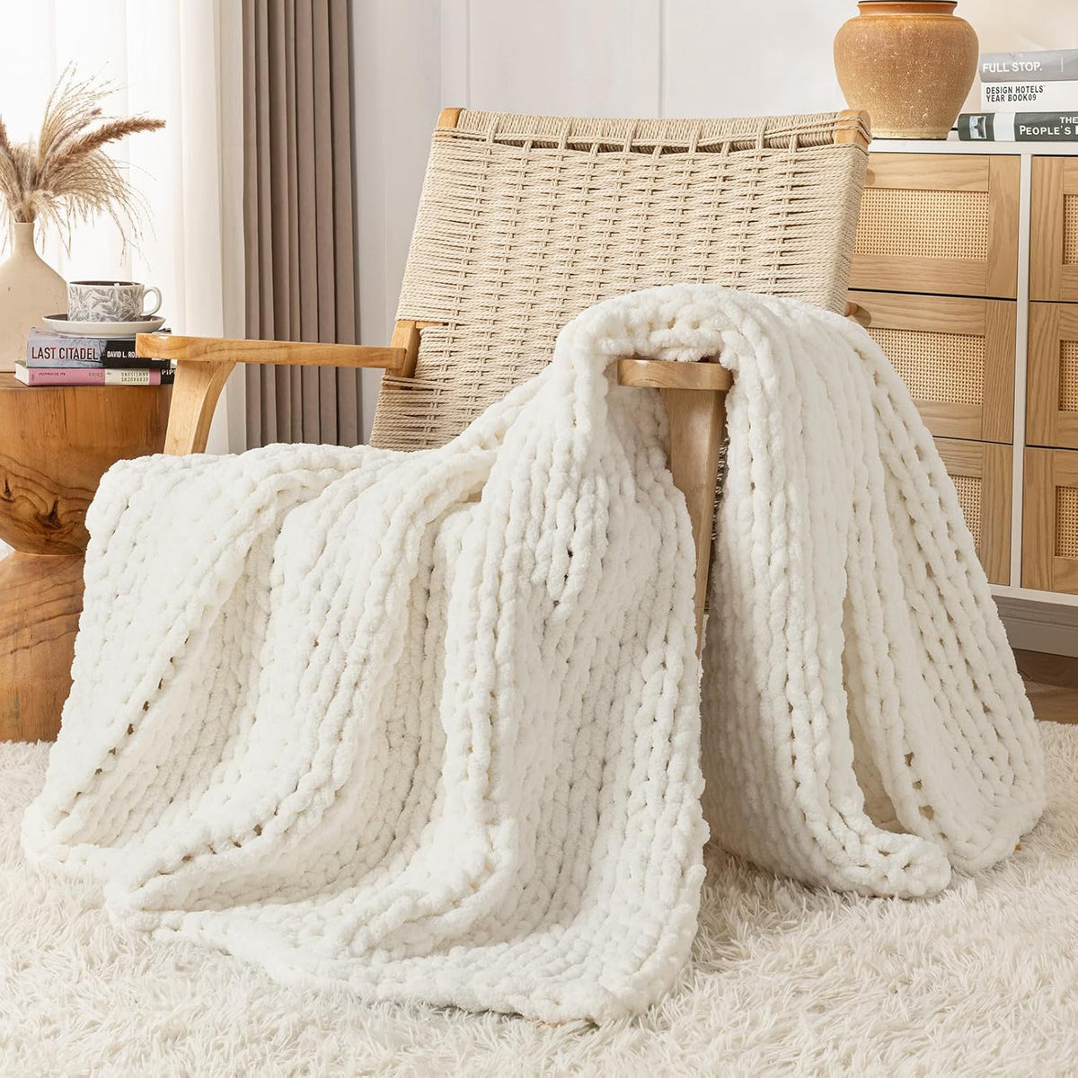 Chunky Knit Blanket Throw, 100% Hand Knit Throw Blanket Handmade Chenille Cable Knit Throw for