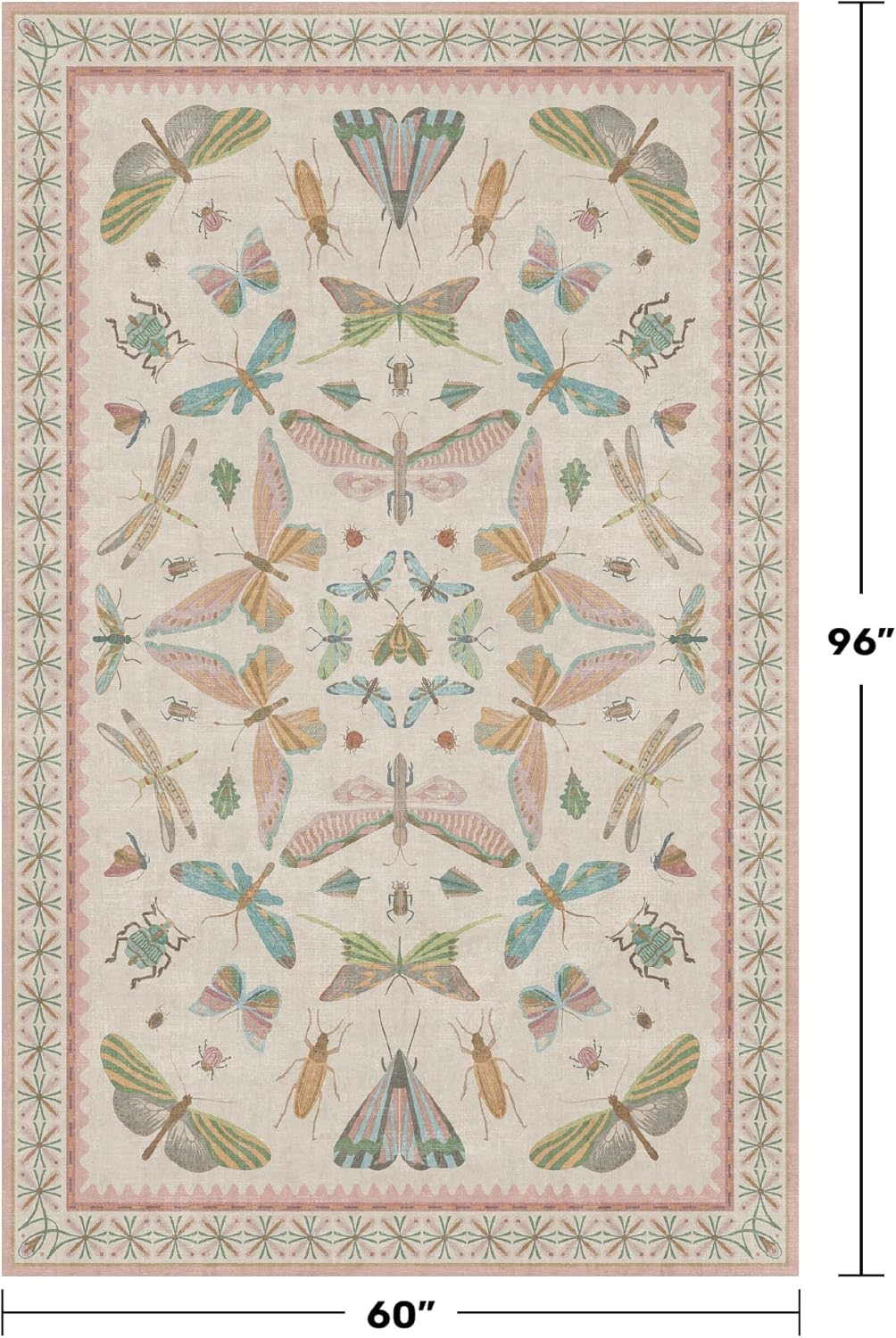 Washable 5x8 Light Pink Rug for Bedroom - Pink Boho Girl Nursery Rug, Living Room, Nature Insect