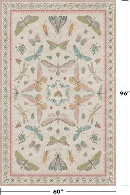 Washable 5x8 Light Pink Rug for Bedroom - Pink Boho Girl Nursery Rug, Living Room, Nature Insect