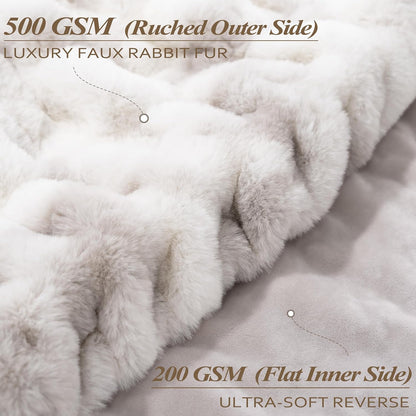 Touchat Ruched Faux Rabbit Fur Blanket, 700 GSM Luxury Dual-Sided Soft Cozy Blanket, Fuzzy Fluffy