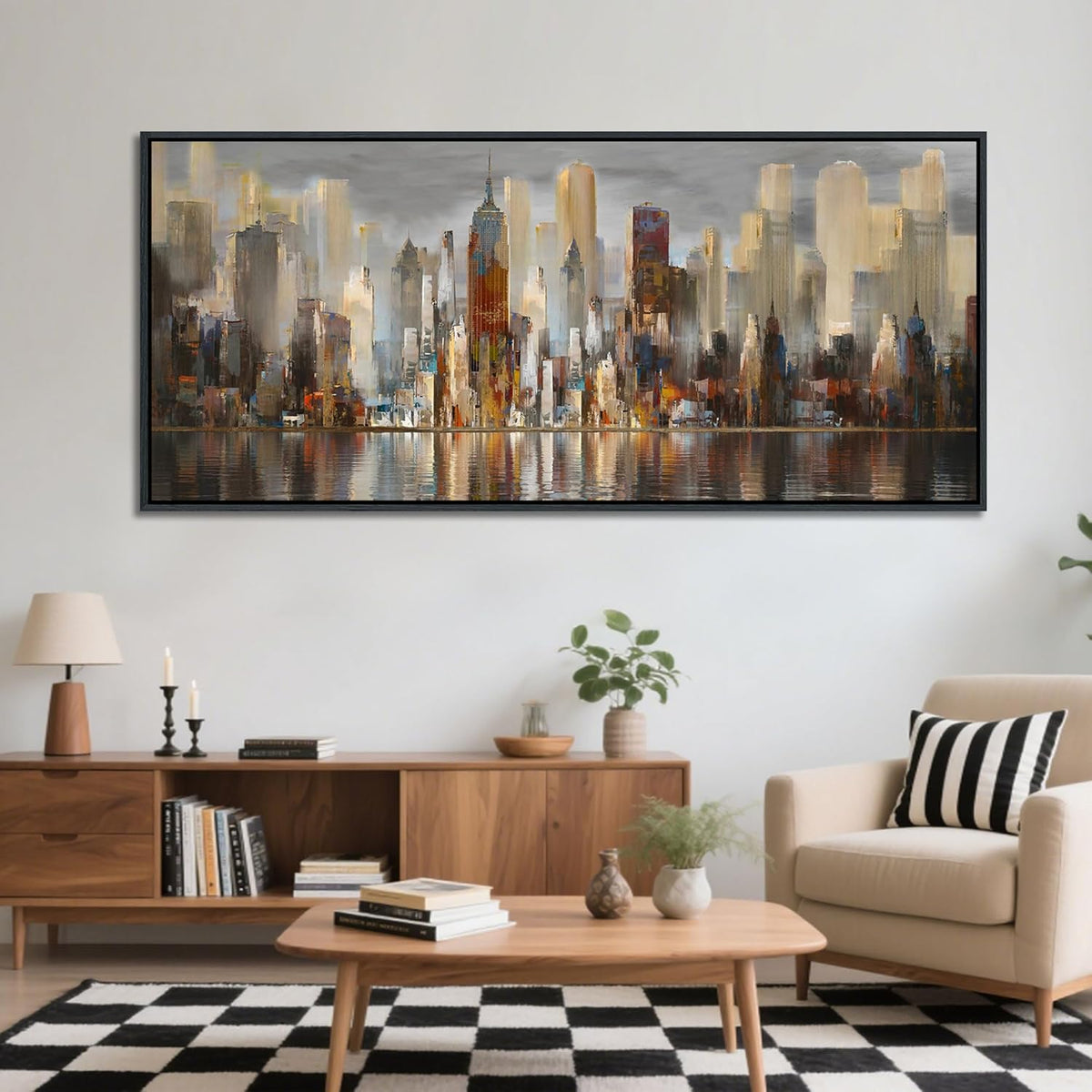 Framed Large Cityscape New York Wall Art Canvas Prints Abstract Brown City Theme Paintings Modern