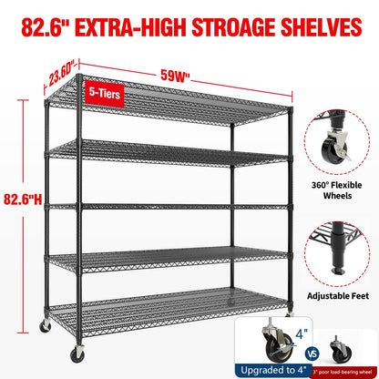 Garvee 5-Tier Storage Shelves Metal Shelving Units with Wheels for Garage