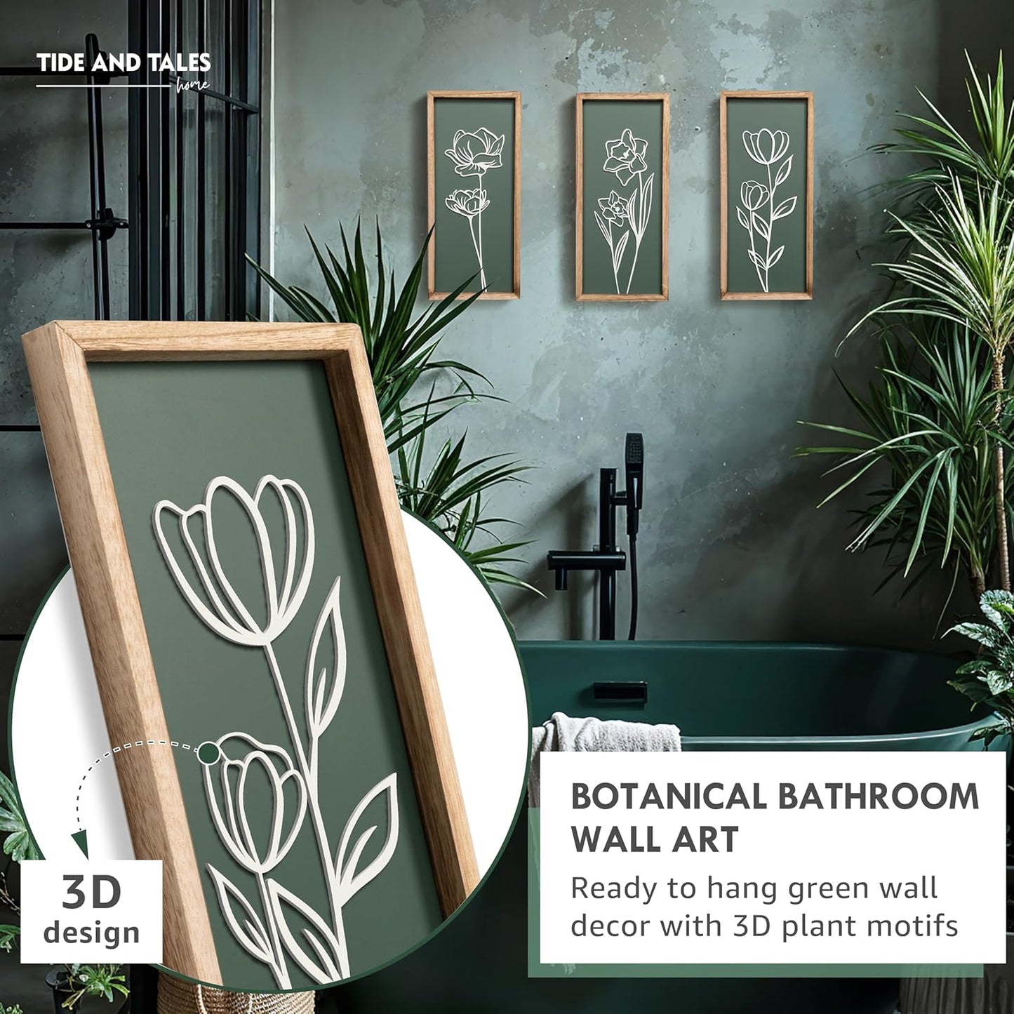 3D Floral Green Wall Art (Set of 3) Lightweight, Wooden Ready-to-Hang Boho Framed Wall Art for