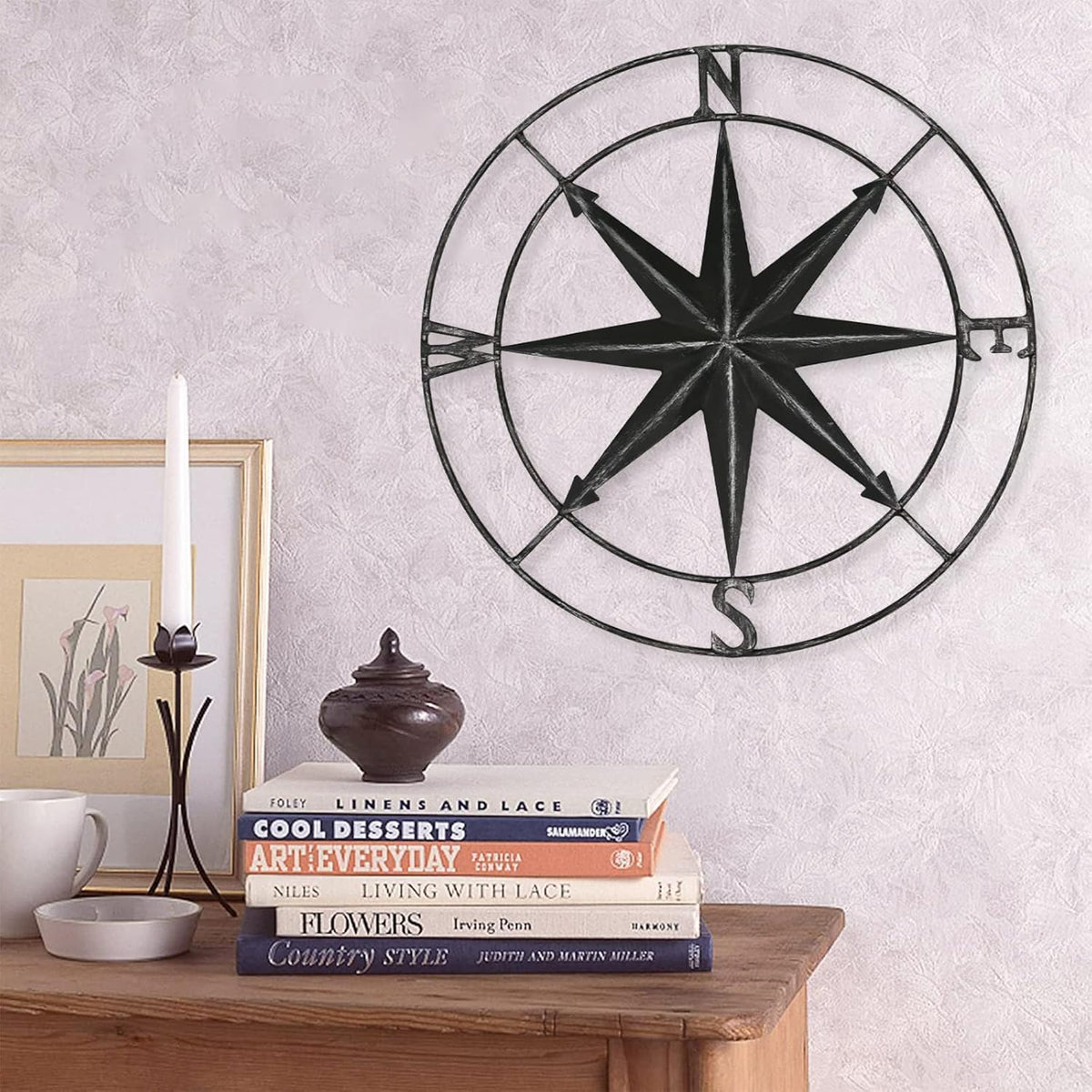aboxoo Round Metal Compass Decorative Compass Metal Wall Art Hanging Wall Sculpture 11 Inch Black