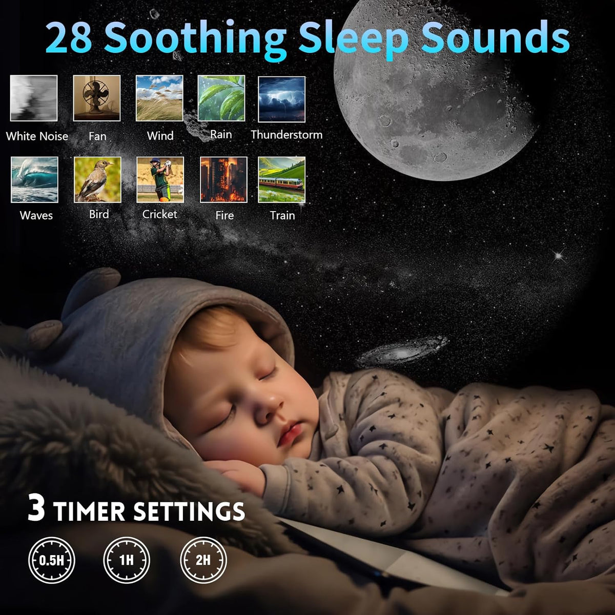 Galaxy Projector with White Noise Sound Machine 28 Soothing Sounds Memory Function Sleeping Timer