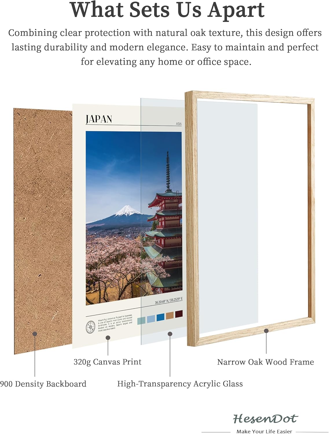 HesenDot Natural OAK Wood Framed Mount Fuji Wall Art, 12x16in Japanese Natural Scenery Canvas Wall
