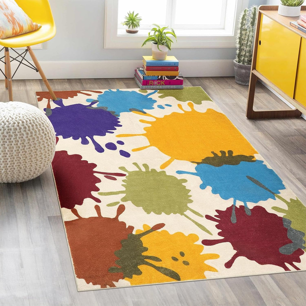 STARUIA Art Bedroom Rug, 4'x6' Machine Washable Kids Rug for Playroom, Paint Splash Rainbow Area