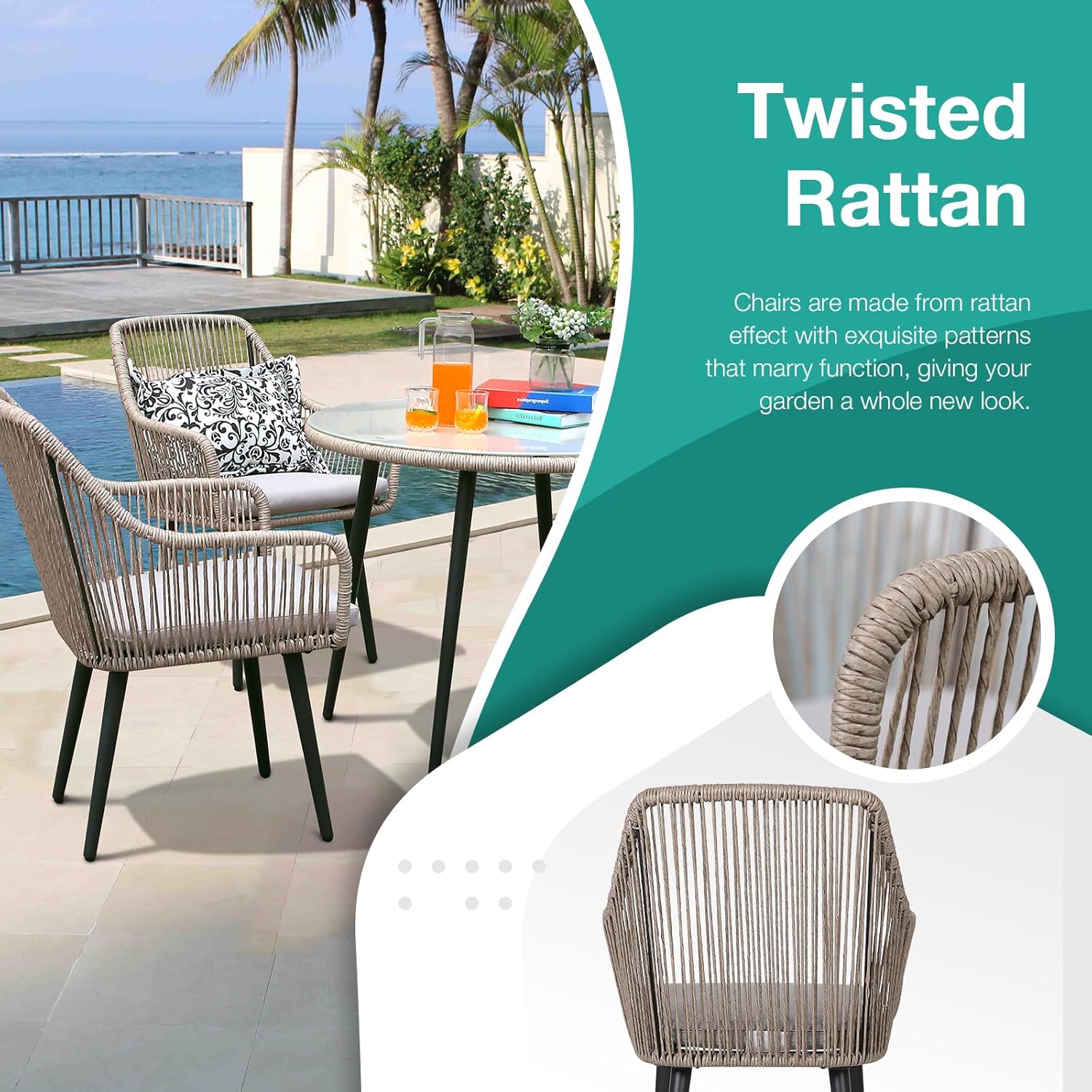 Patiorama Outdoor Dining Chairs, Patio Dining Chair Set of 6, All-Weather Woven Rope Rattan Chairs