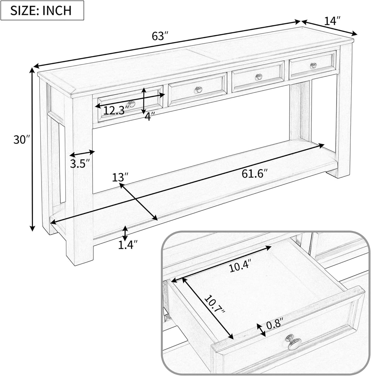Solid Wood Console Table,Long Sofa Table Entryway Table with 4 Drawers and Bottom Shelf for Hallway