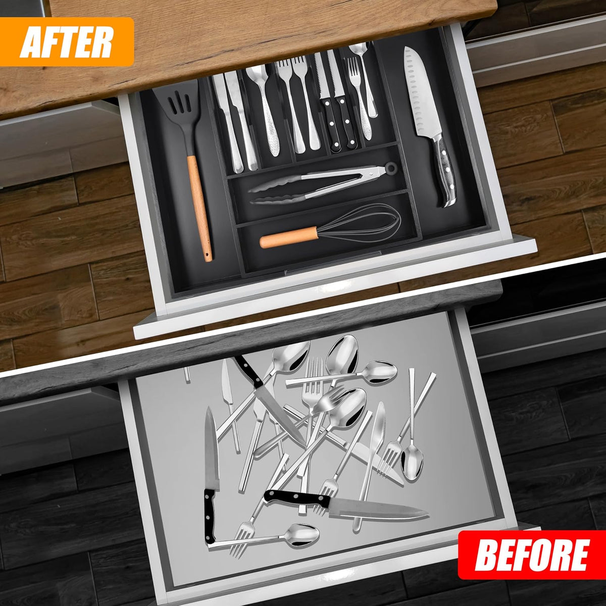 Bellsal Large Premium Bamboo Silverware Organizer - Expandable Utensil Drawer Organizer - 17"x19.6"