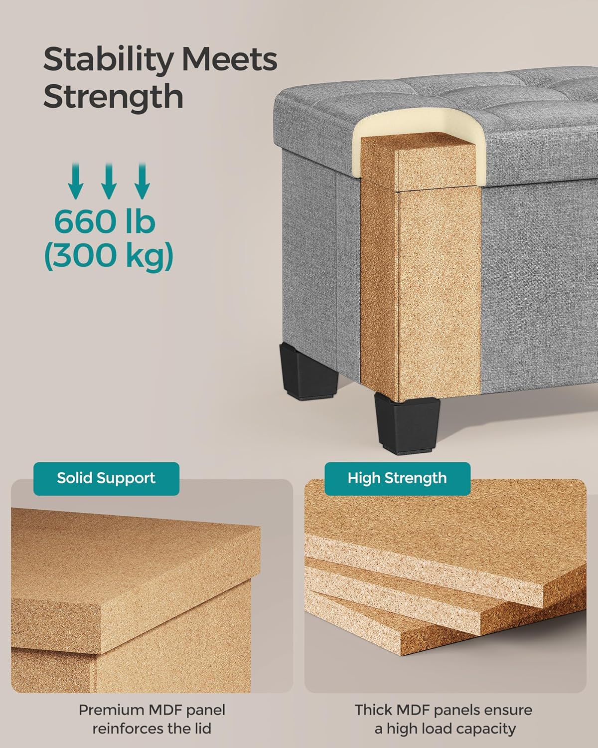 SONGMICS Storage Ottoman, Small Ottoman Foot Rest with Legs, 12.6 x 15.8 x 13.2 Inches Foot Stool