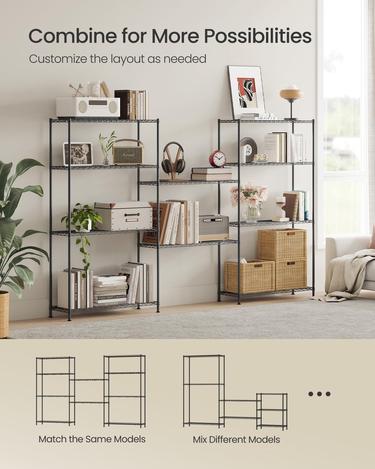 SONGMICS Storage Shelf, Metal Wire Shelving Unit, 5 Tier, Ink Black