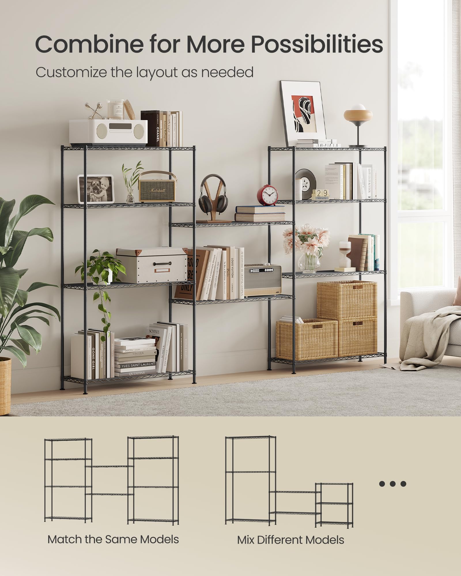 SONGMICS Storage Shelf, Metal Wire Shelving Unit, 5 Tier, Ink Black